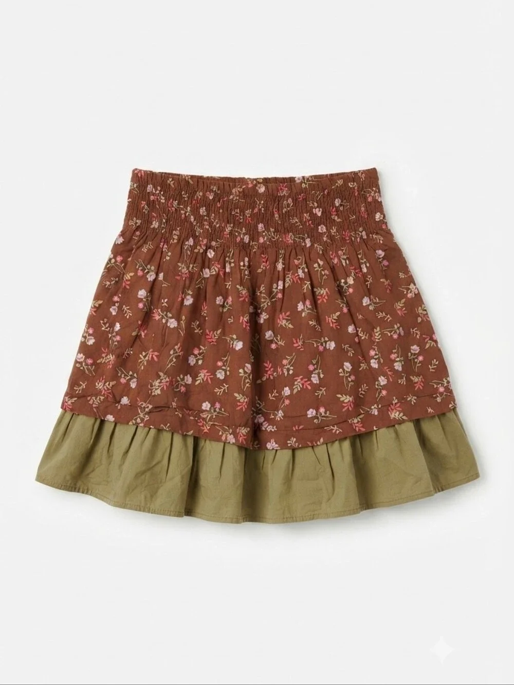 GAP Brown Floral Tiered Mini Skirt with Olive Ruffle Size Large